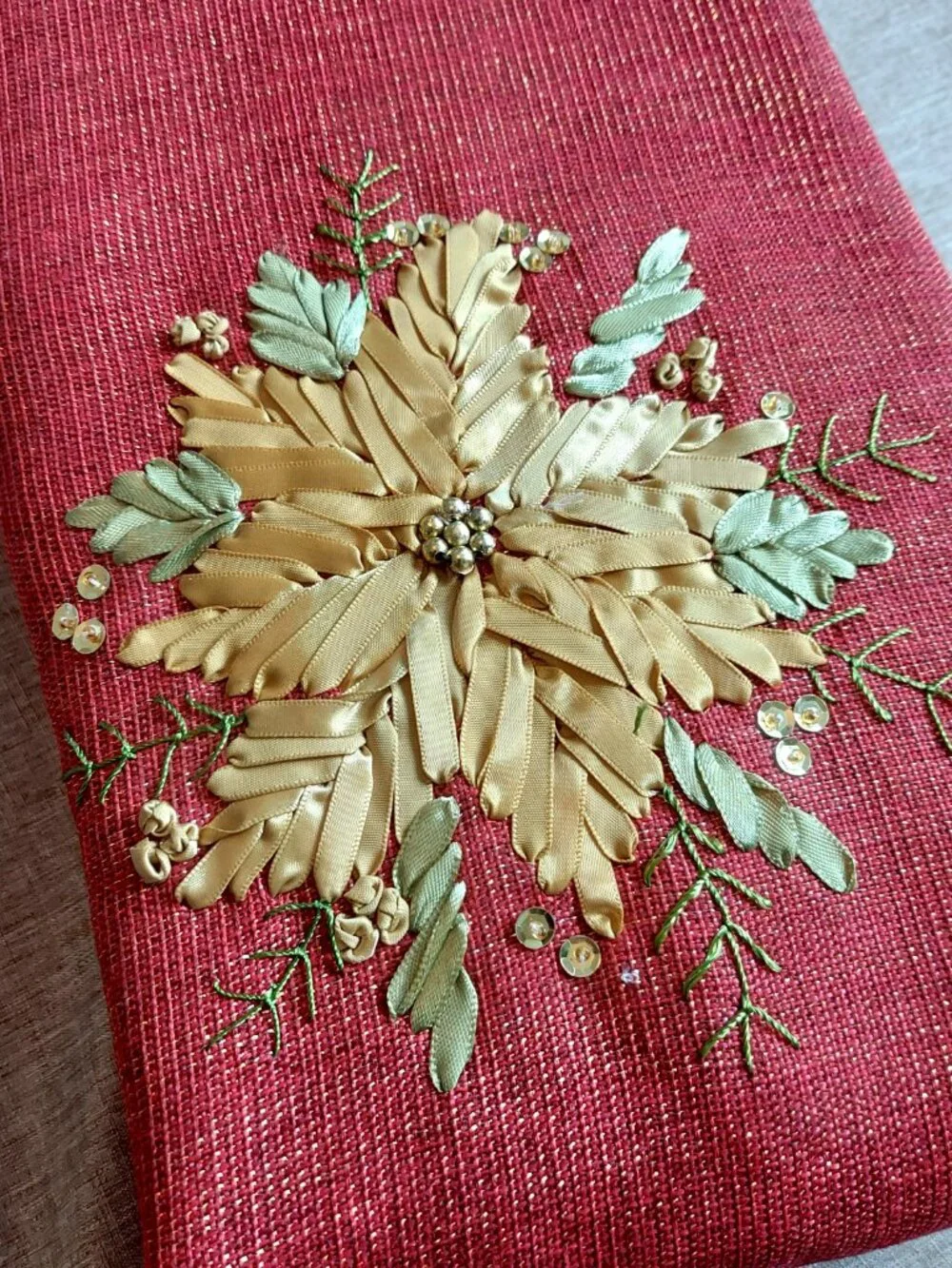 Embroidered Christmas Red Table Linen with Gold Ribbon Floral Accent, 60x120 In